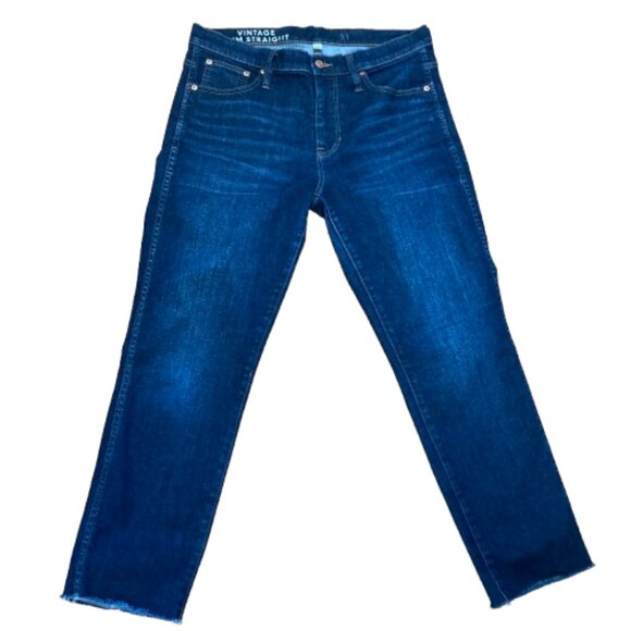 J. Crew Vintage Jeans Ankle Slim Straight 31 High Rise Dark Blue, Raw Hem - Picture 1 of 9